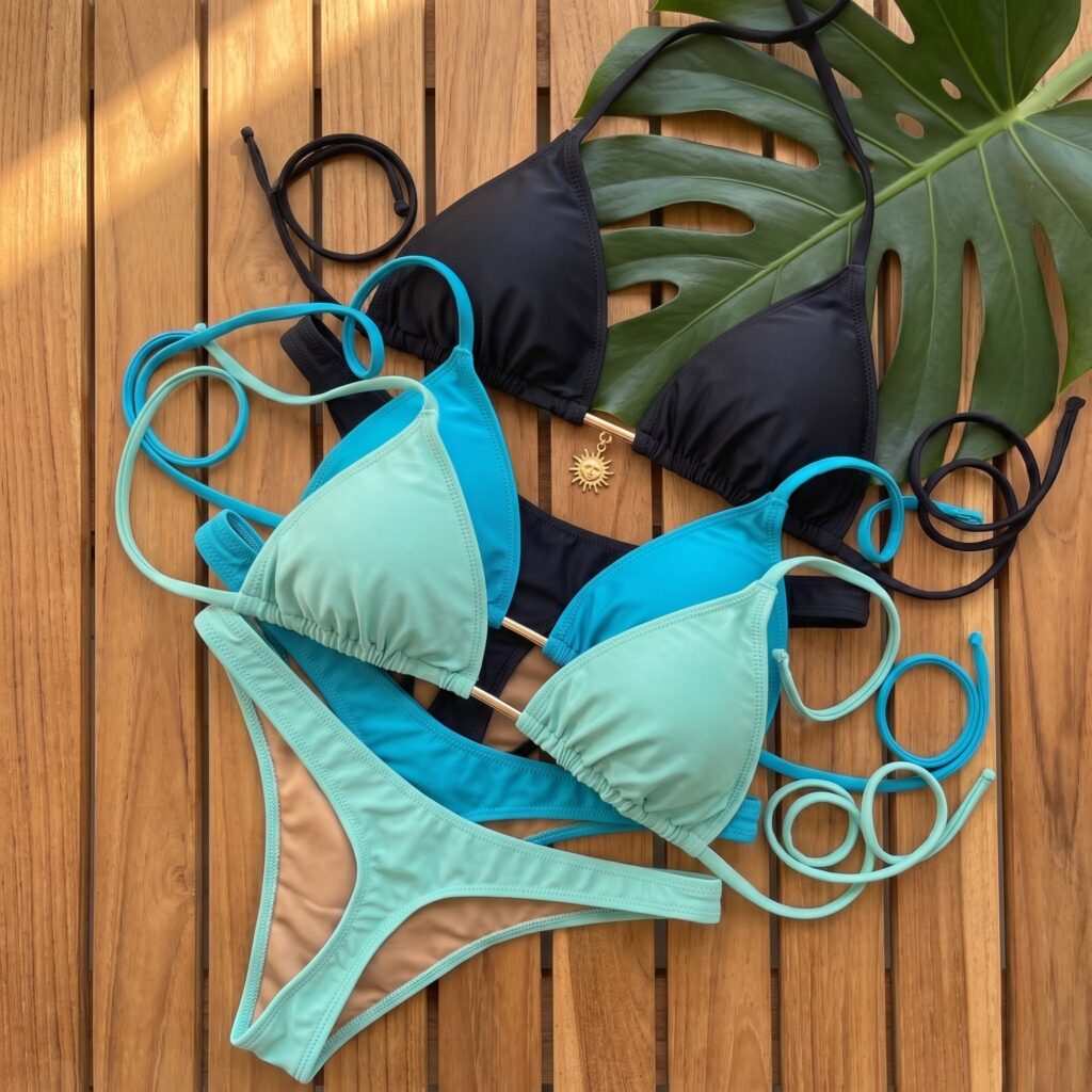Foto editorial de biquinis de cor preto e azul
