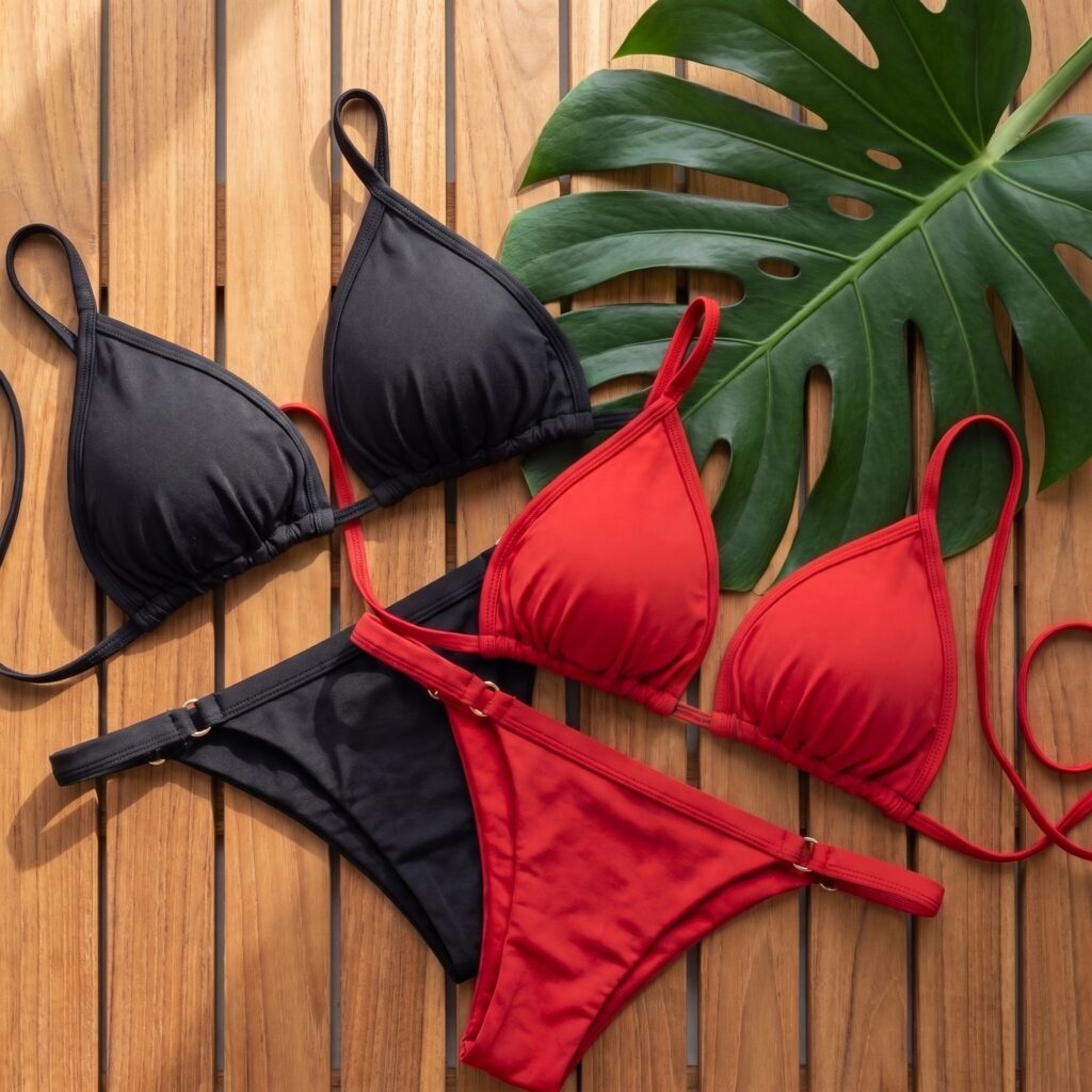Foto editorial de biquinis de cor preta e vermelha