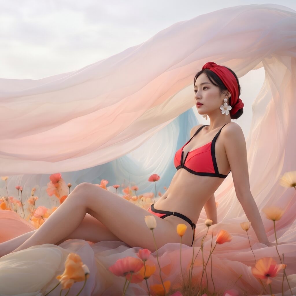 Foto de modelo utilizando biquini de cor preta, com top em cor rosa
