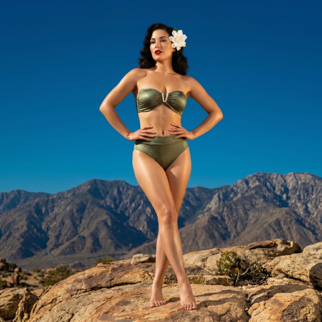 Foto de modelo em estilo pin-up utilizando biquini de cor verde