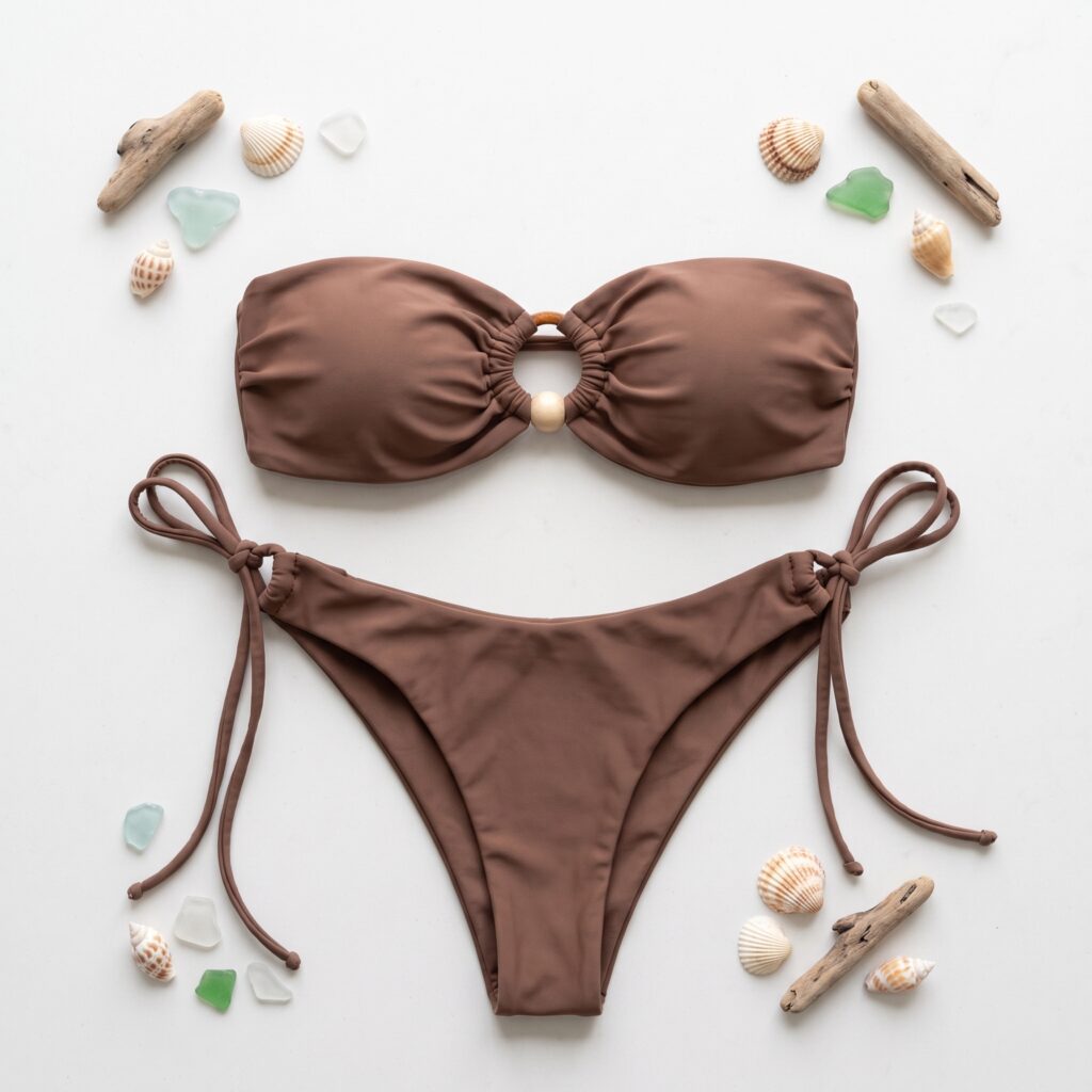 Foto editorial de produto de biquini de cor marrom