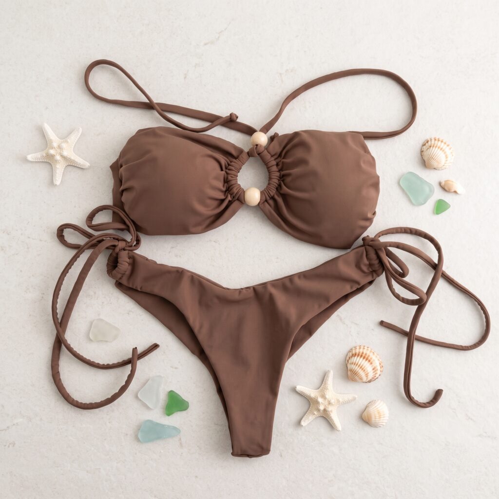 Foto editorial de produto de biquini de cor marrom